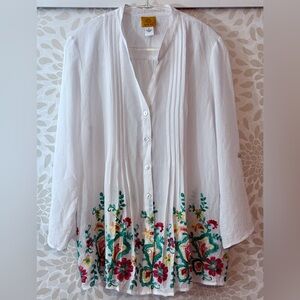 Ruby Rd Anthro Women’s L White Embroidered Boho Floral Button Up Top Blouse